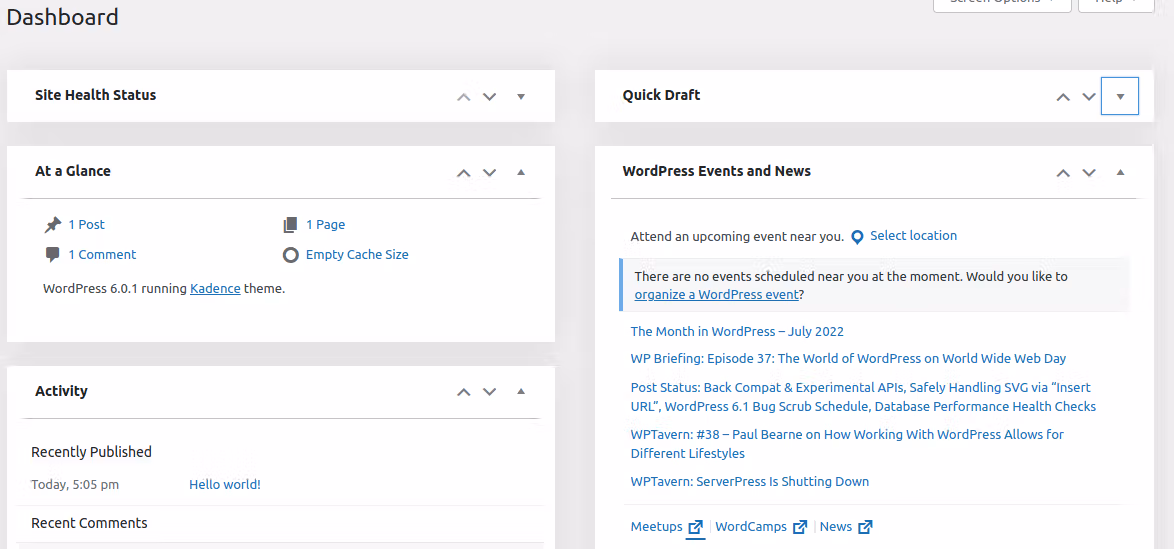 wordpress dashboard screenshot