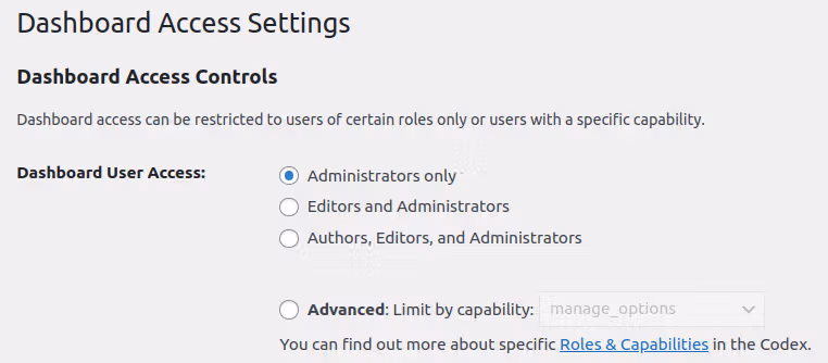dashboard access settings screenshot