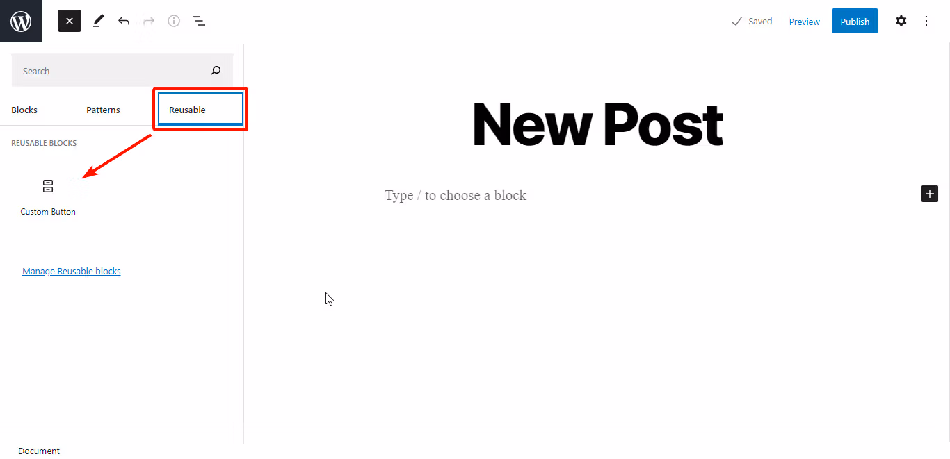reusable blocks tab wp