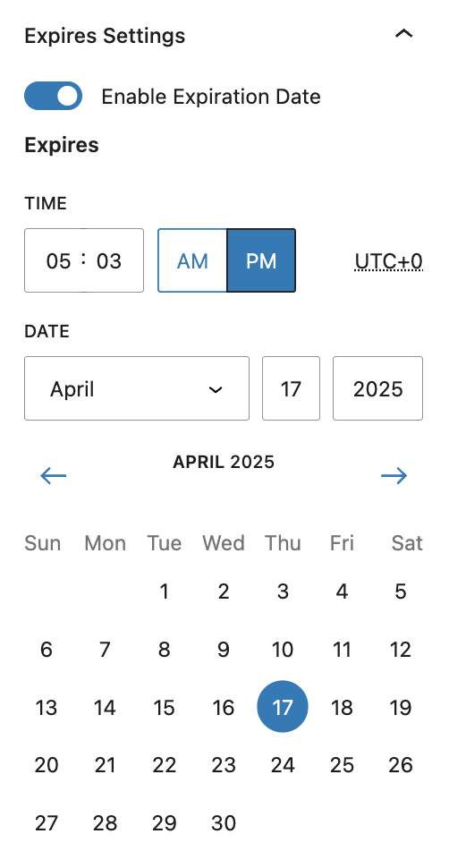 Expiration settings
