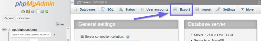 Going to the “Export” tab in phpMyAdmin.