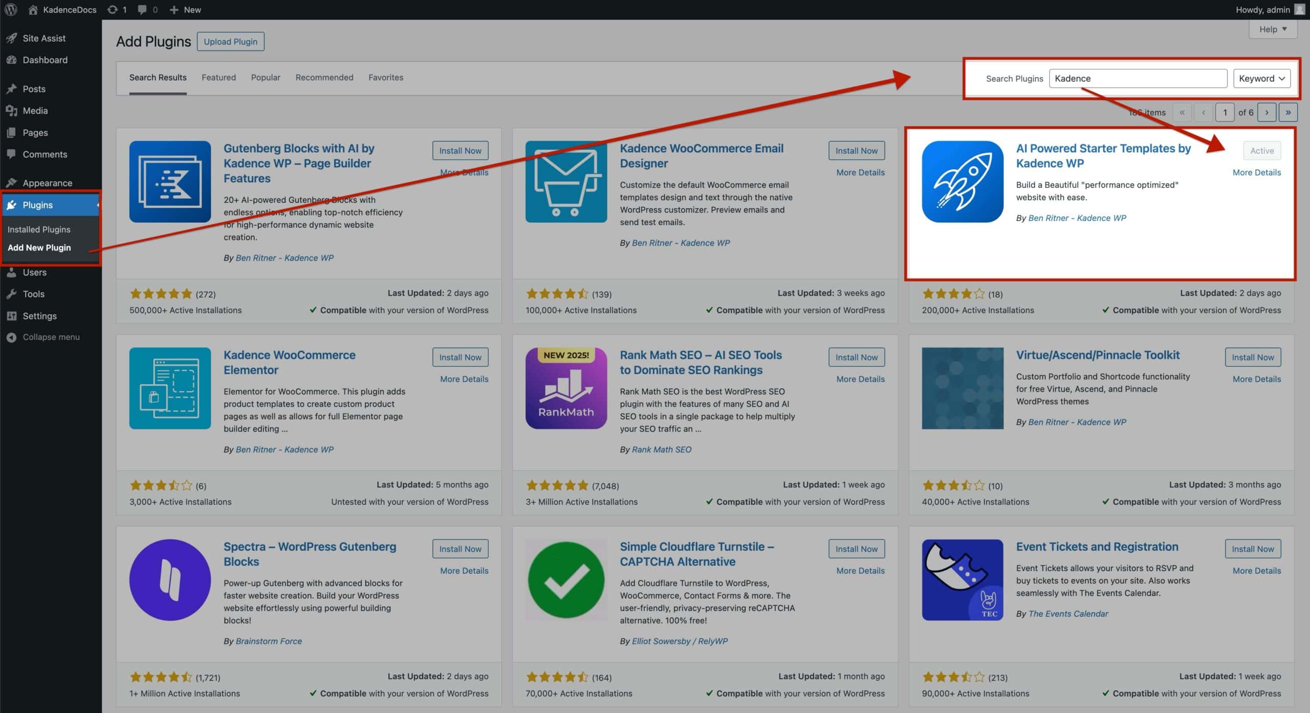 Search for Kadence Plugins