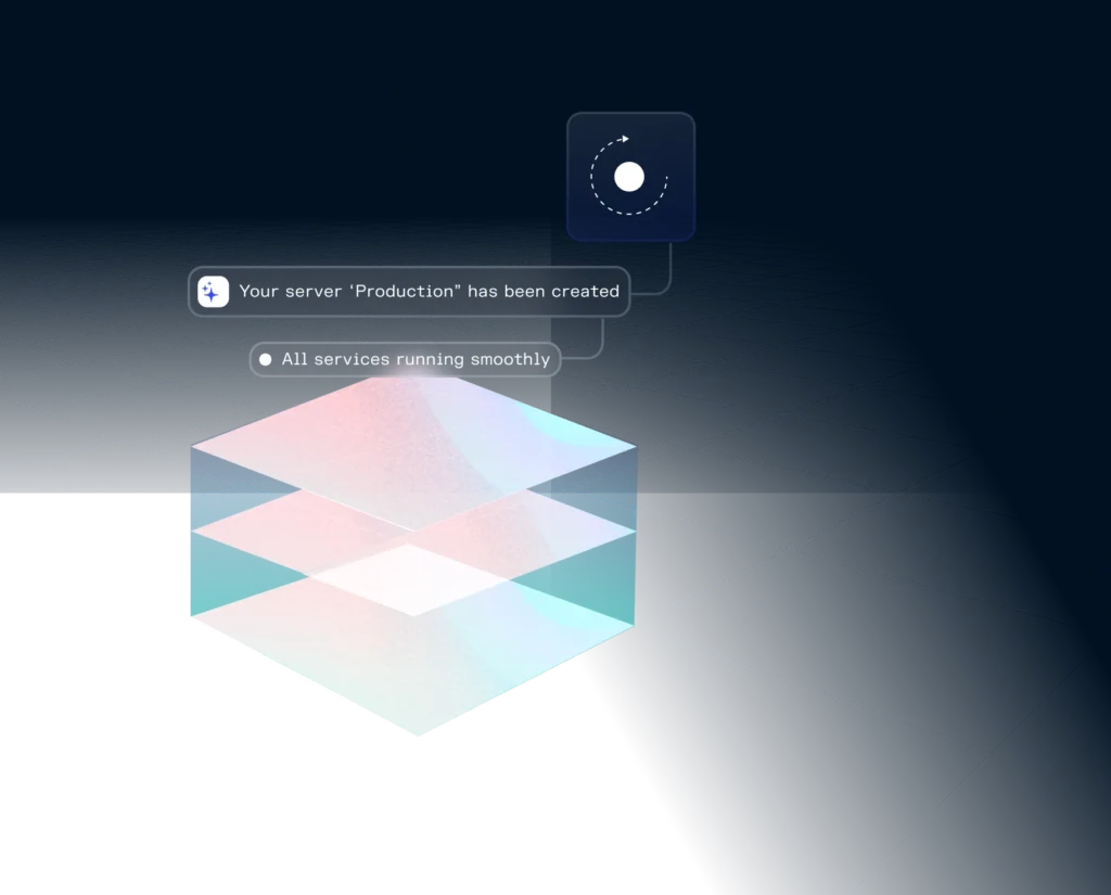 A cube with three geometric layers shows the layers of a dedicated server, a message states the server has been created and all services are running smoothly.