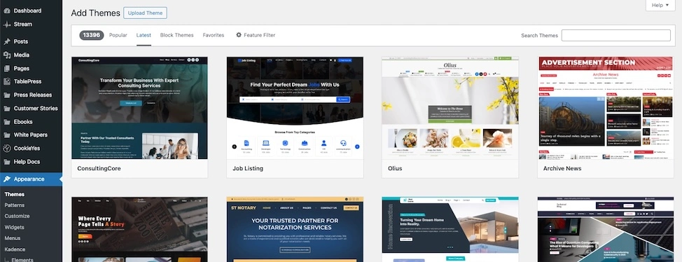 Selection of WordPress themes for website development