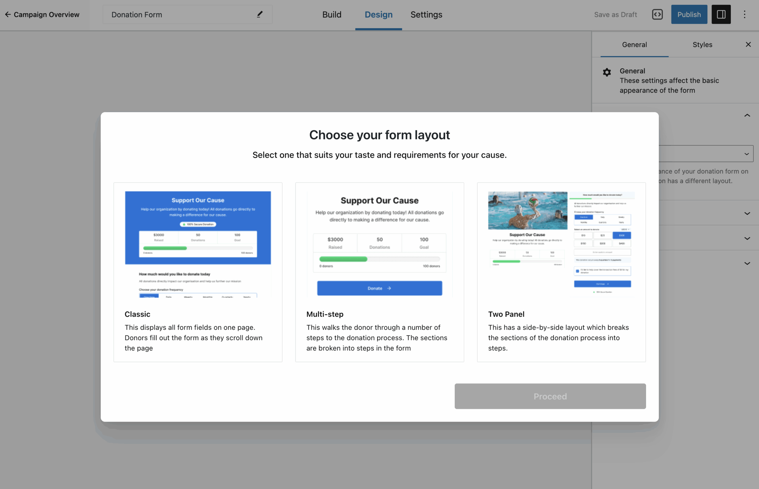 Choose your form layout when creating a new visual donation form builder form