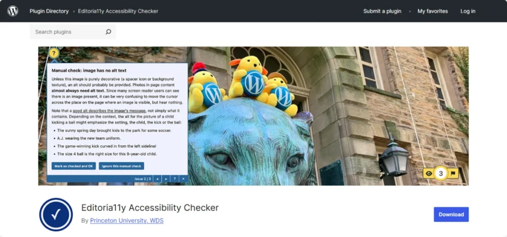 The Editoria11y plugin’s page in the WordPress repository.