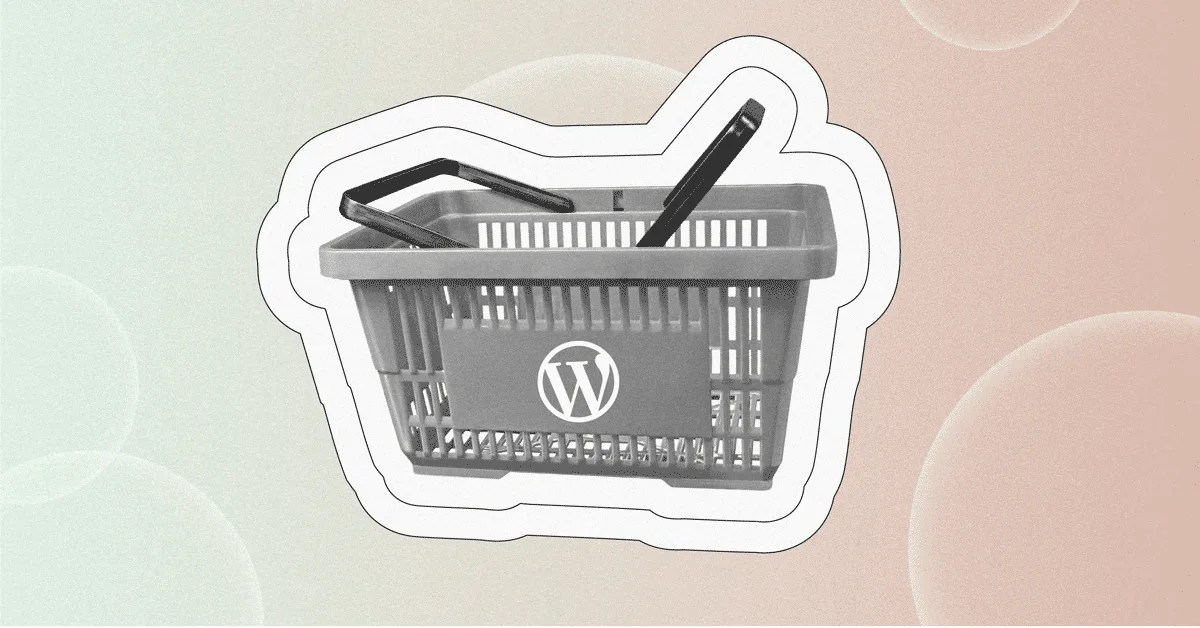 A gray shopping basket featuring the WordPress logo in black and white on its side, set against a pastel background with abstract shapes.