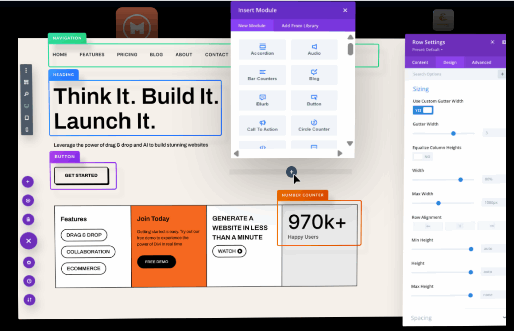Divi page builder interface