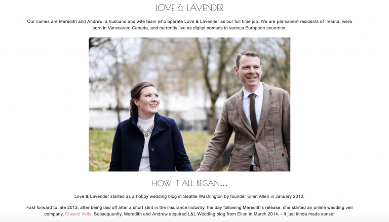 Love and Lavender about page on their website with founders Andrew and Meredith.