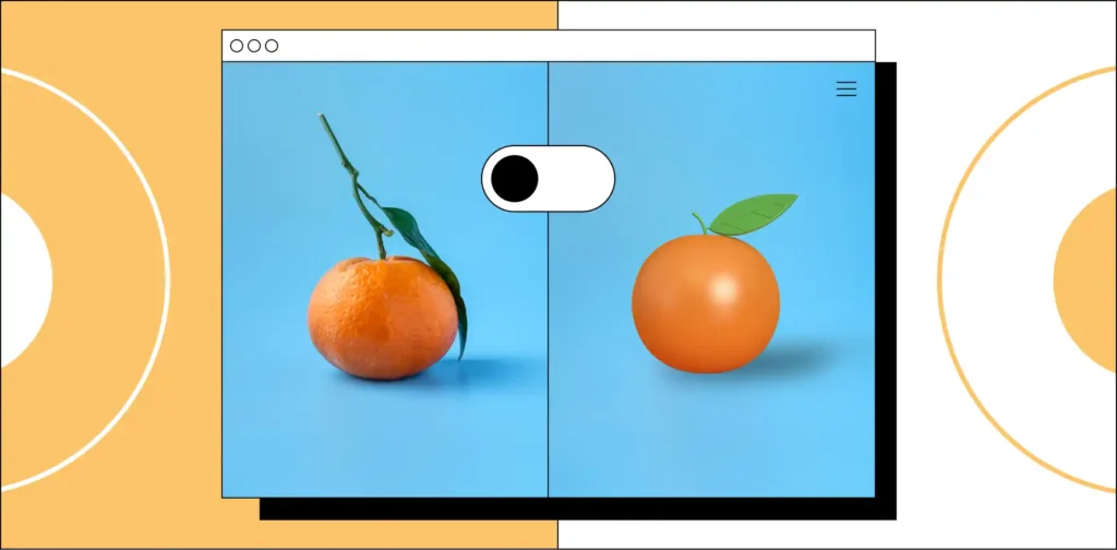 Illustration of two oranges side by side, one a photograph and one an AI-generated image.
