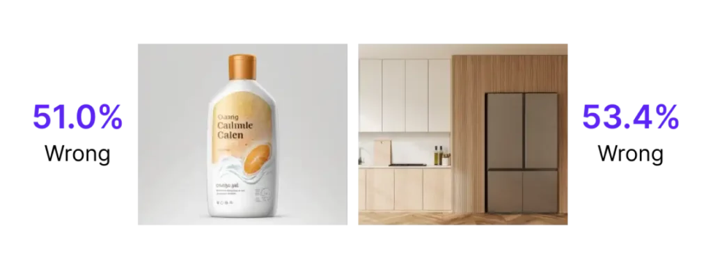 Side by side comparison of a shampoo bottle and refrigerator compared to a human-created image vs AI. 