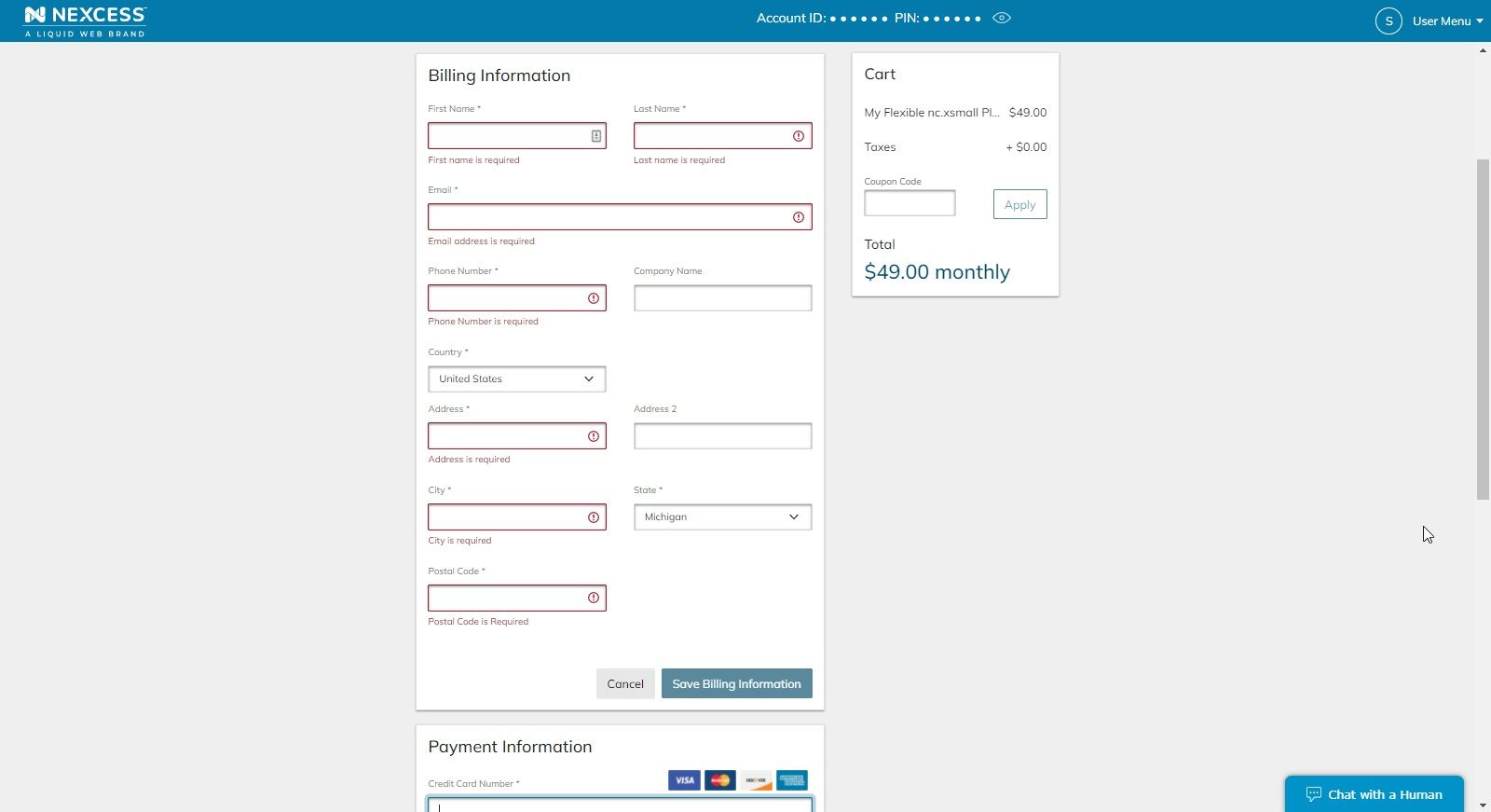 On the next page, you’ll be prompted for billing and payment information.
