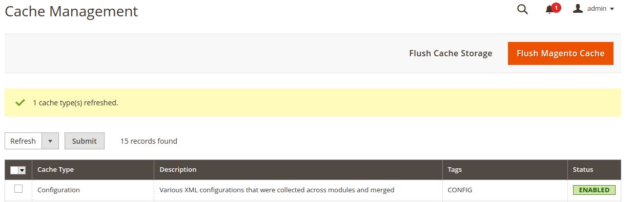 Magento 2 cache management output