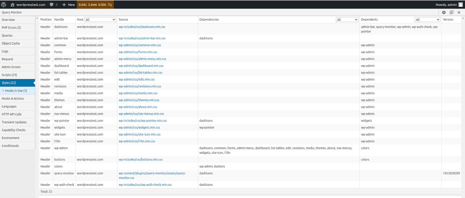 The Styles menu is very similar to the Scripts tab. It will display the same information about the WordPress CSS files that were loaded to compose the web page that is currently open. You can learn how different extensions impact your website performance and reduce the number of requests sent to the server during the content rendering process.