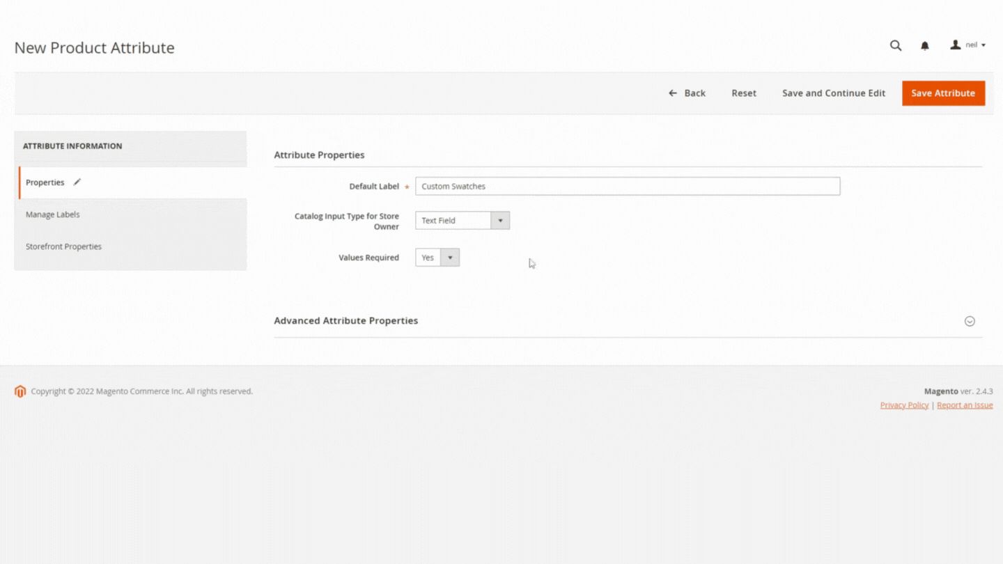 Select the Magento product attribute input type.