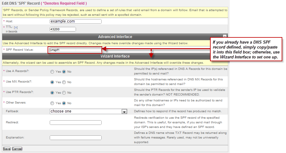 Domain SPF Records Edit Dialog