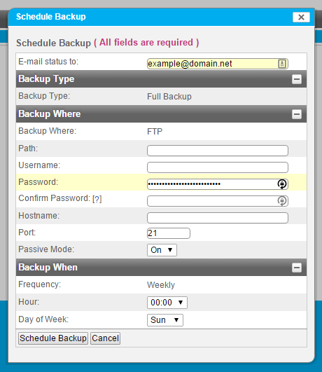 Example ’Create Backup’ Page for a SFTP/SCP Backup Type