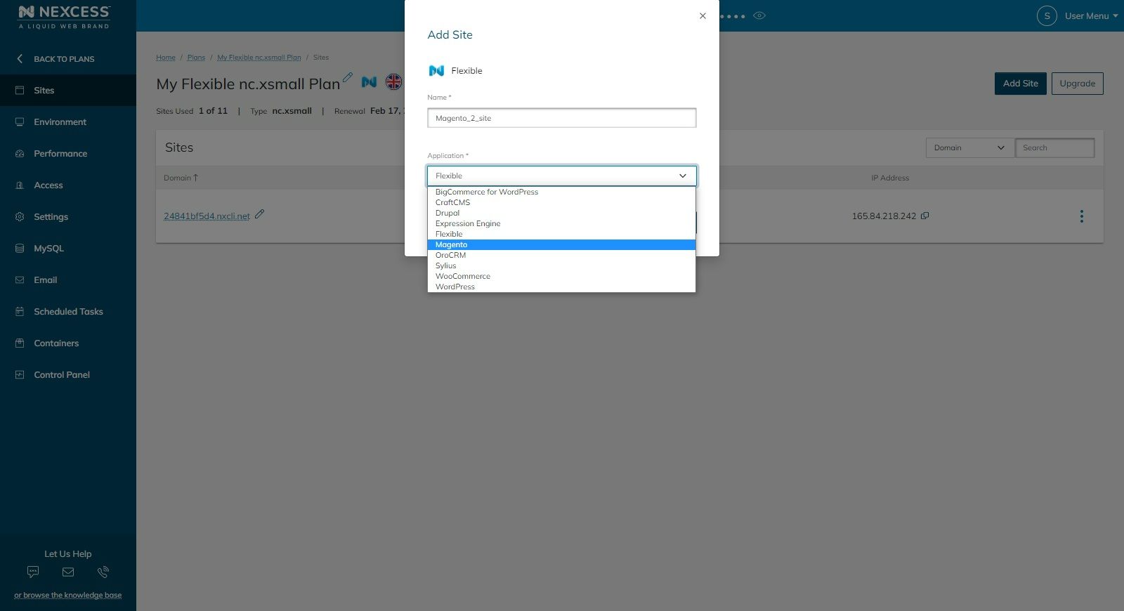 You can do so by clicking the Add Site button in the top right corner, and selecting the Magento application.