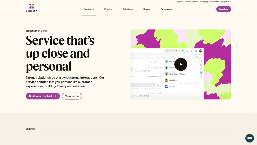 Screenshot of customer service automation tool Zendesk's landing page.