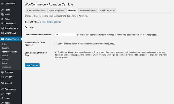 The Abandon Cart Lite settings screen.