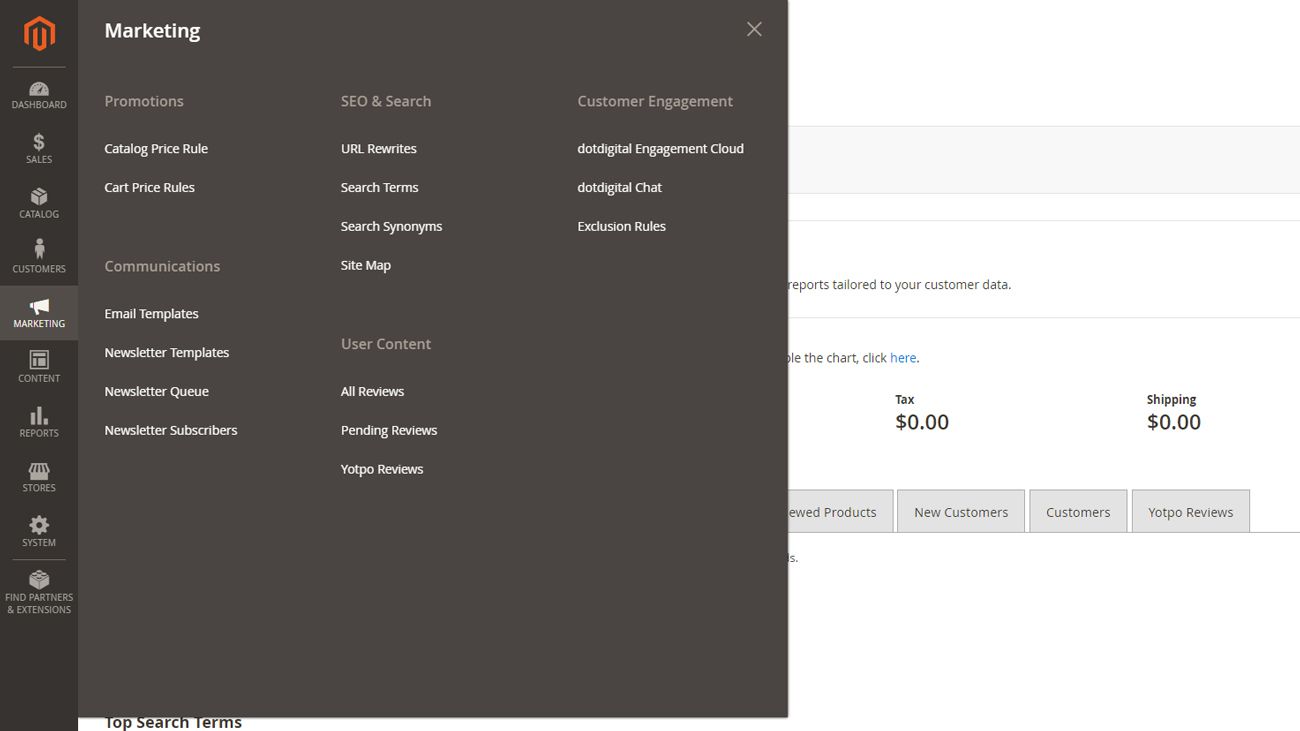 Magento marketing menu.