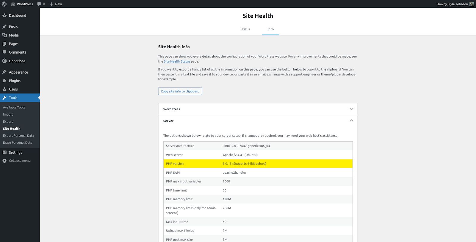 Finding your PHP version in the WordPress dashboard