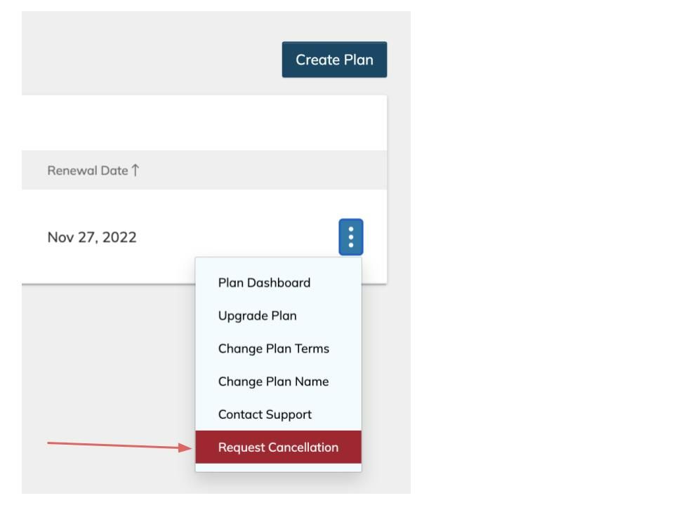 On the Plans page you will see your list of Plans. To the right of the specific plan you wish to cancel you will see a three-dot option icon.