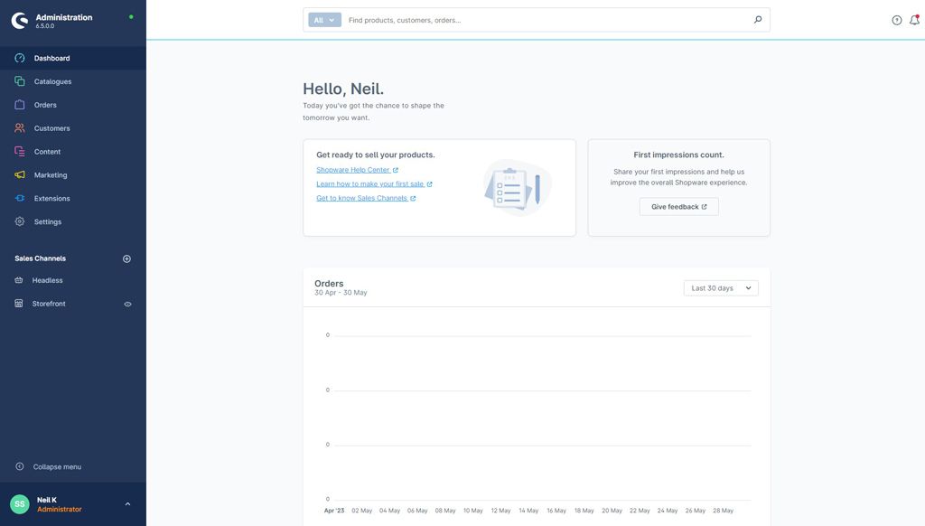 Screenshot of open source ecommerce platform Shopware's admin panel.