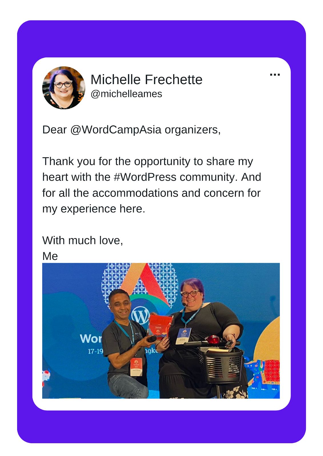 A tweet from Michelle Frechette layered over a purple background that reads 