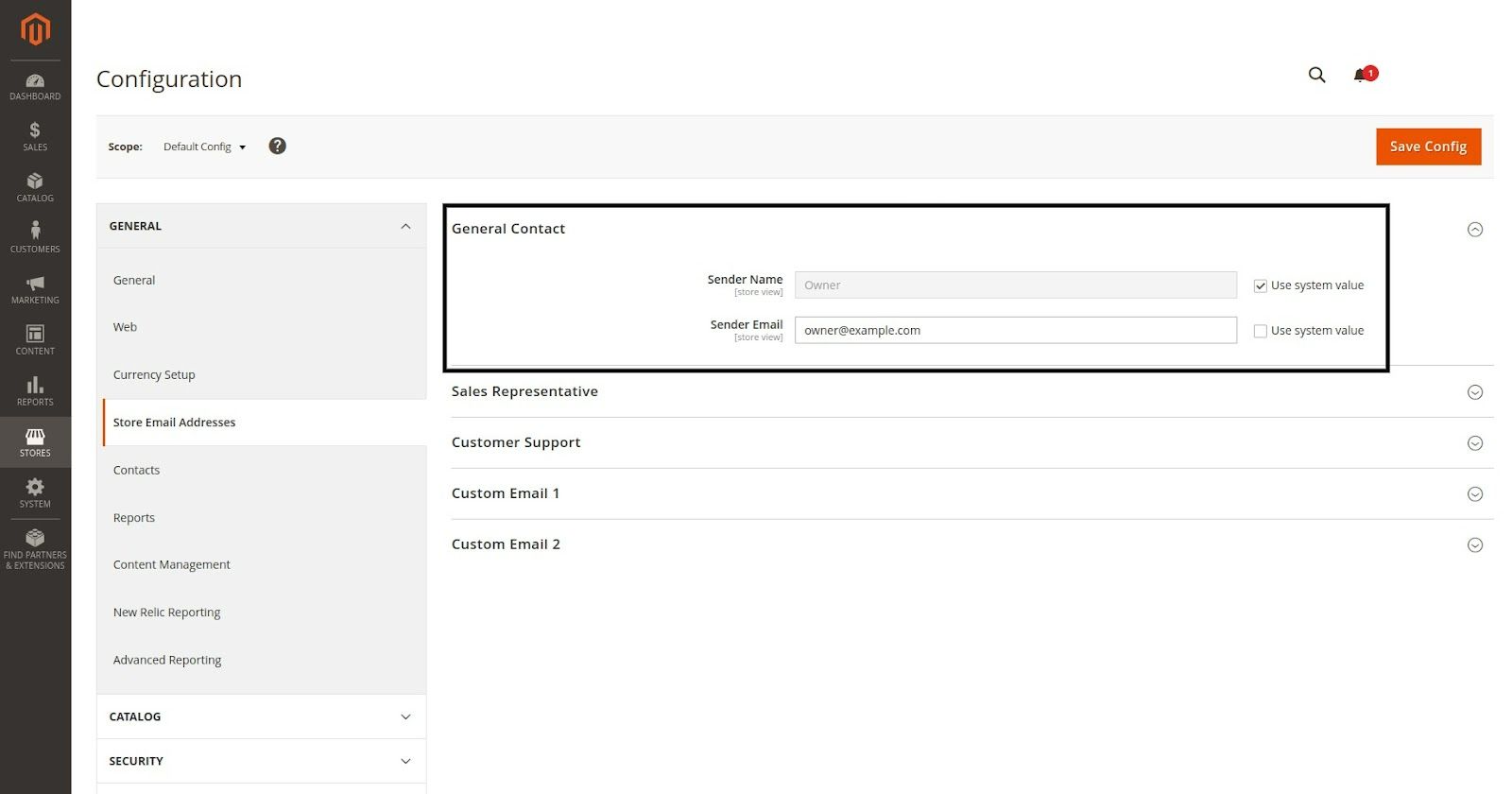Magento store management using a specific general contact email address.