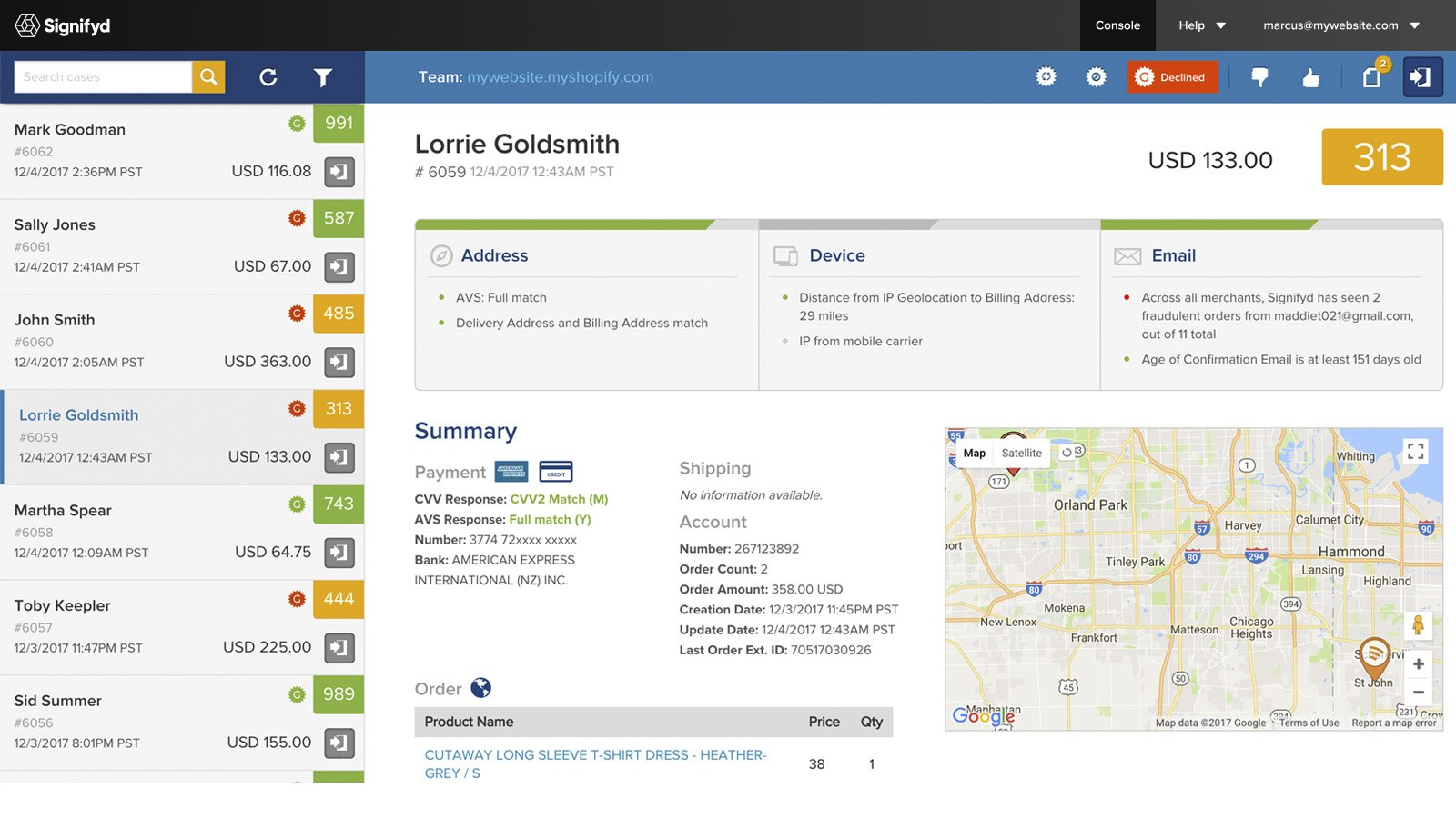 Signifyd Magento chargeback protection software dashboard.