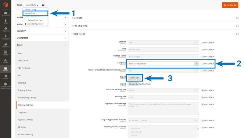 Export sample Magento table rates shipping file.