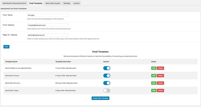 The Abandoned Cart email template screen.