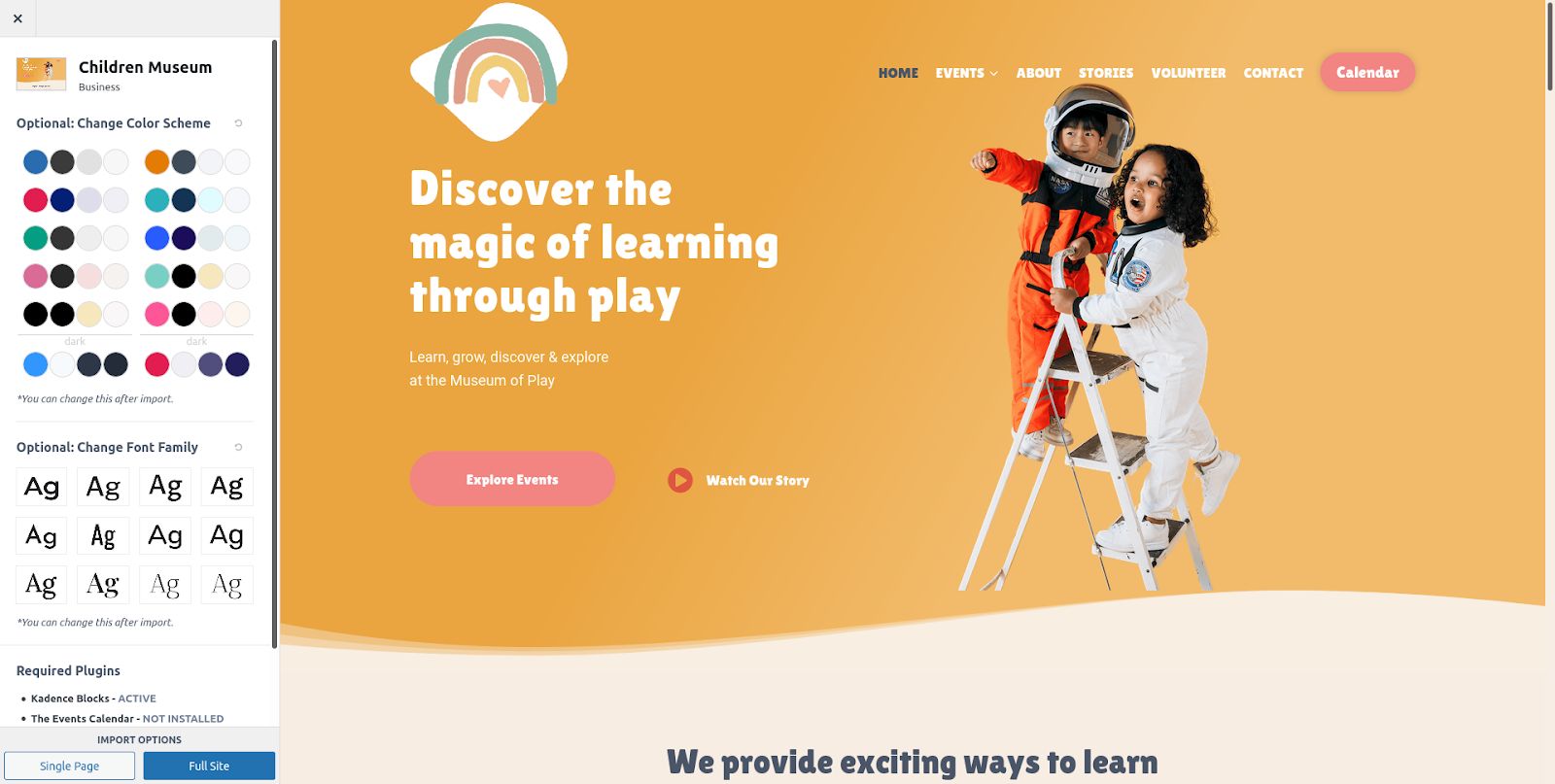 A children's theme in Kadence blocks