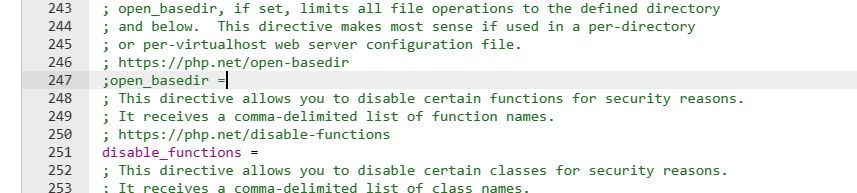 Disabling open_basedir by adding ; before it.