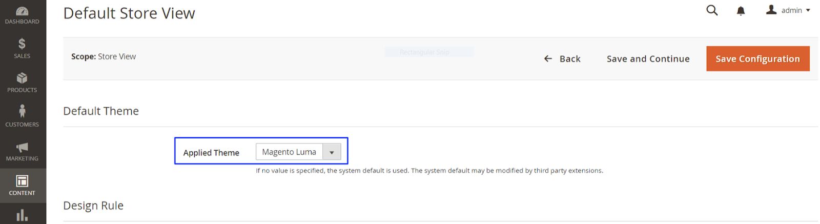 Magento admin area for applying a Magento mobile theme to a store view.