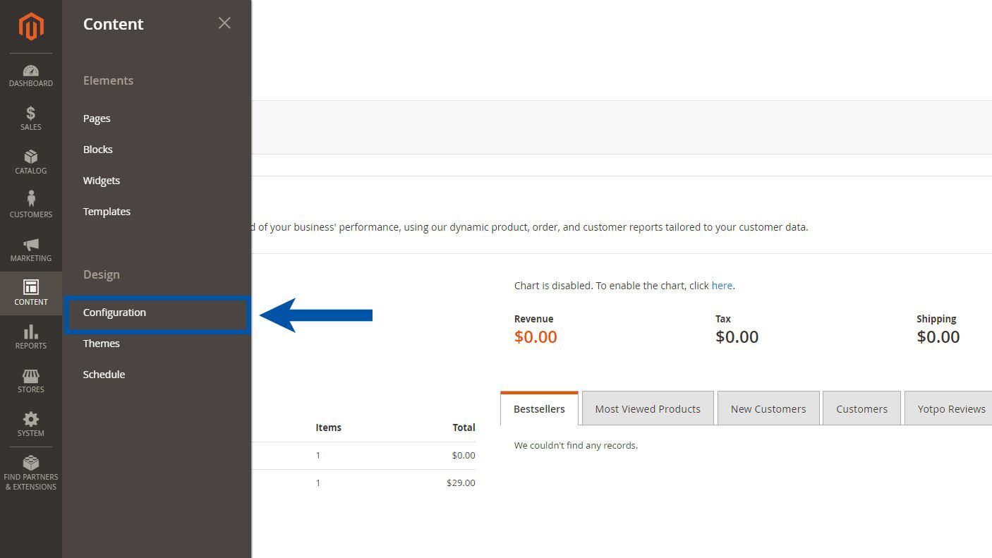 Open the Design Configuration section to install a theme in Magento