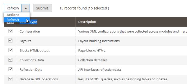 Select All Cache Types or the types you want to enable. Then choose Refresh and submit your changes using the Submit button.