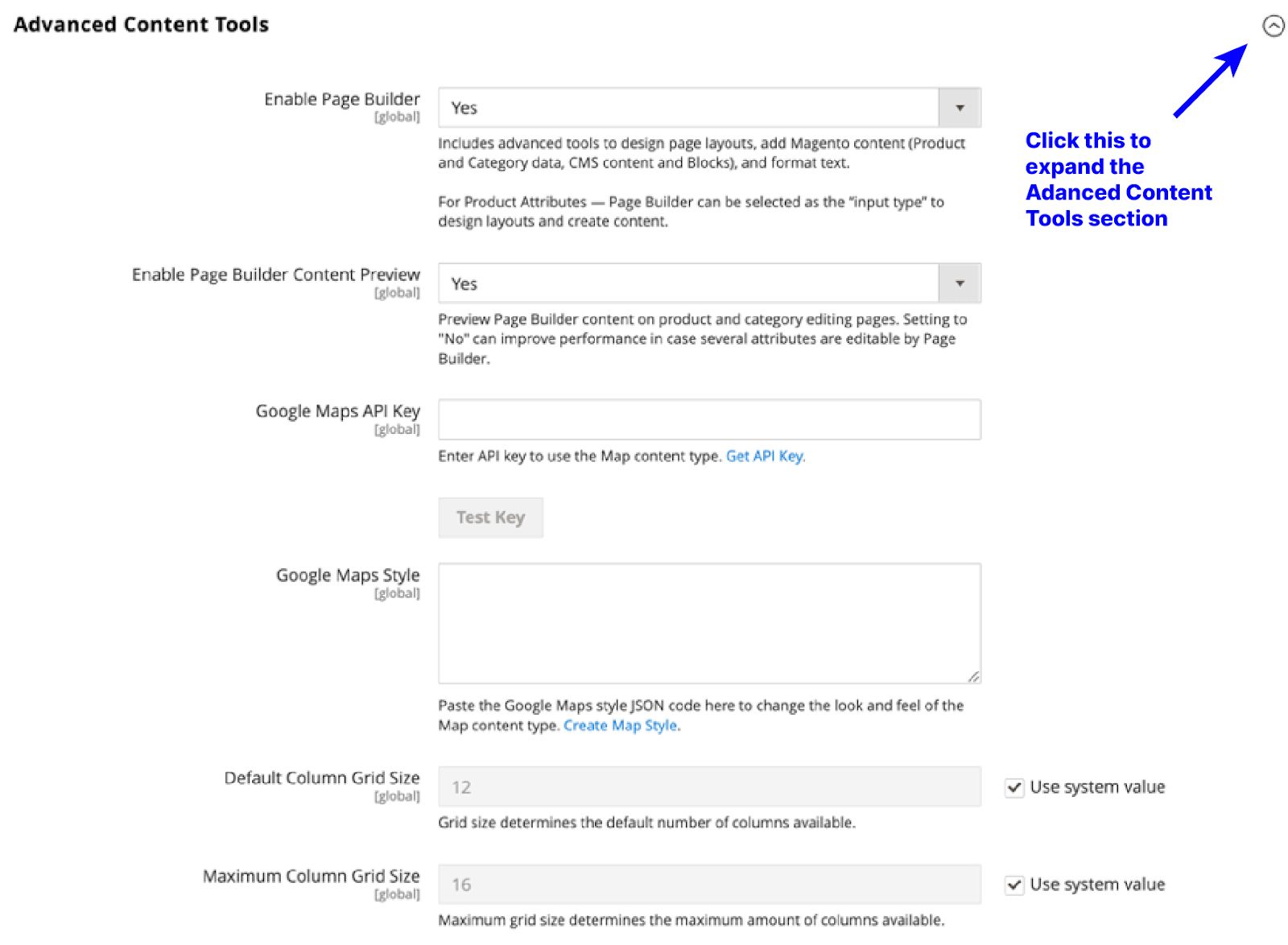 The dropdown icon in the Content Management section reveals Advanced Content Tools to verify that you've enabled Page Builder. 