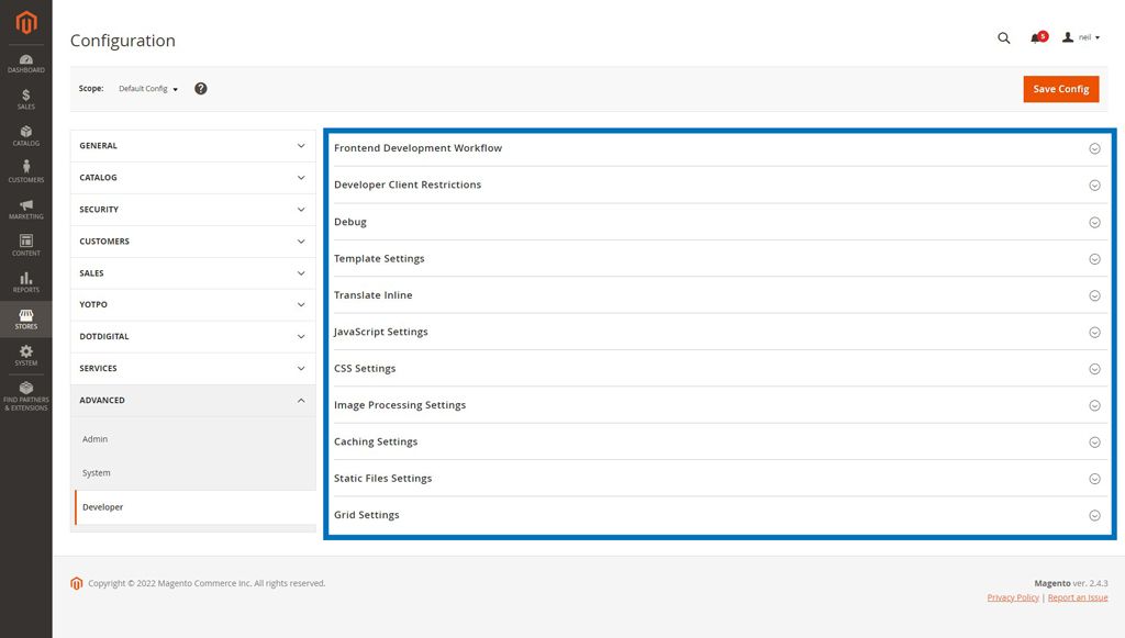 Developer section in the Magento admin panel in developer mode.