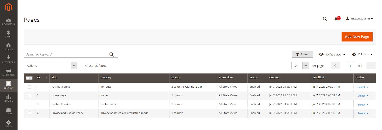 adding a new page in Magento CMS