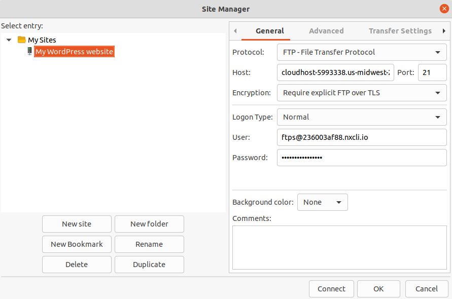 After you have added a website, enter its FTPS user’s authentication information. Choose the FTP - File Transfer Protocol option using the Protocol picklist and then Require Explicit FTP over TLS as the encryption type using the Encryption picklist. You do not typically need to change any other settings. However, you can set up FileZilla to use the desired data transfer mode (either active or passive) from the Transfer Settings tab.