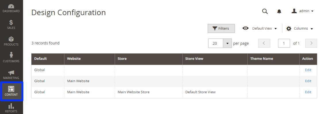 Magento admin area for theme design configuration.