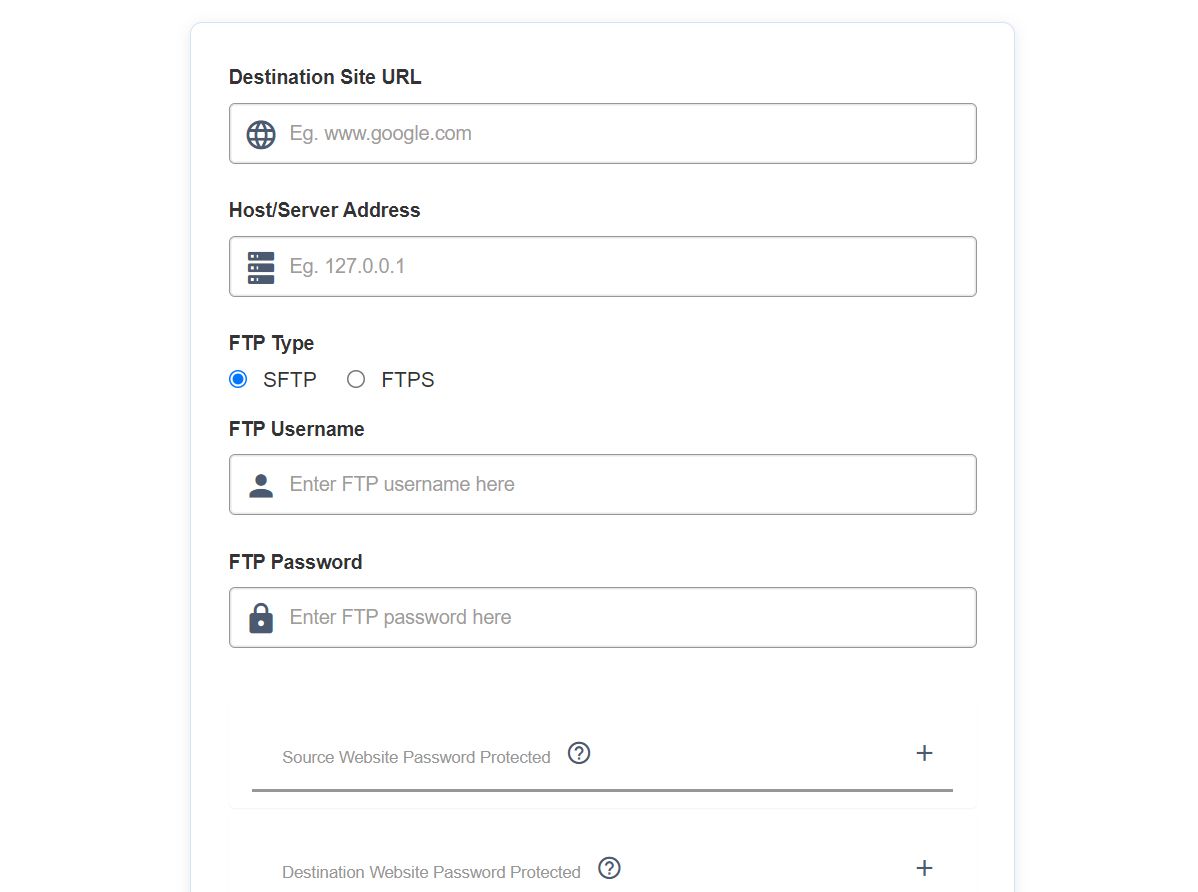Add all the relevant details for site migration, such as the destination site URL and host/server address. Then, click Migrate.