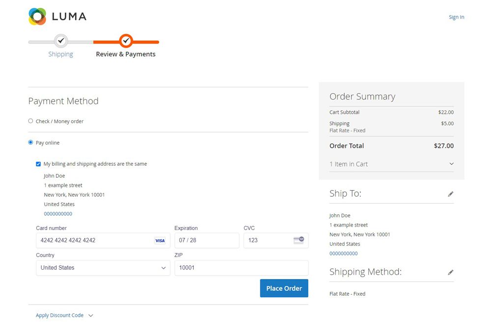 Place a test order to the Magento payment gateway integration.