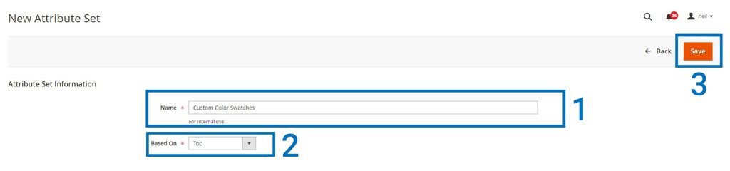 Assign a name and template to the Magento product attribute set.