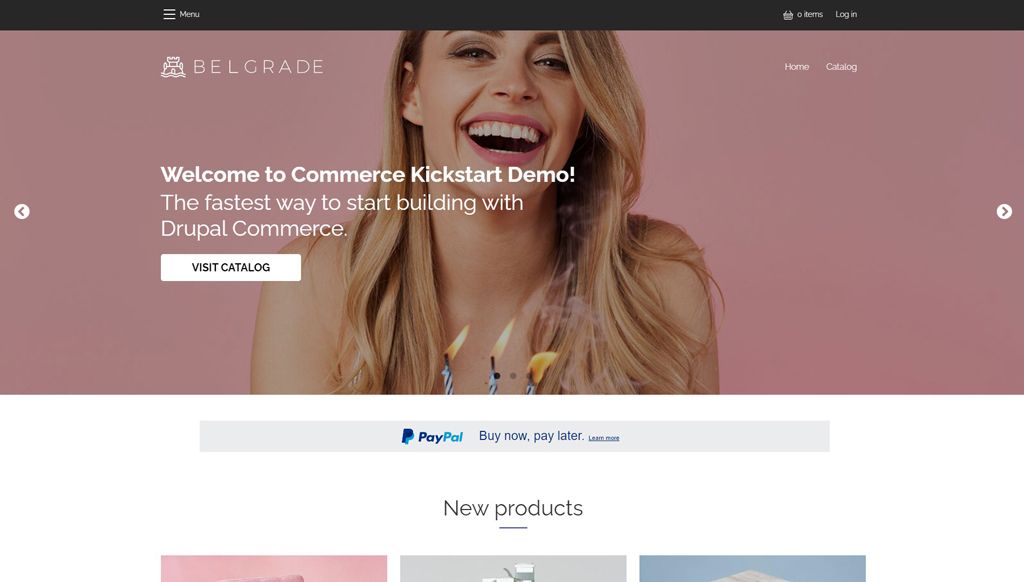 Screenshot of the front end of a Drupal Commerce demo store.