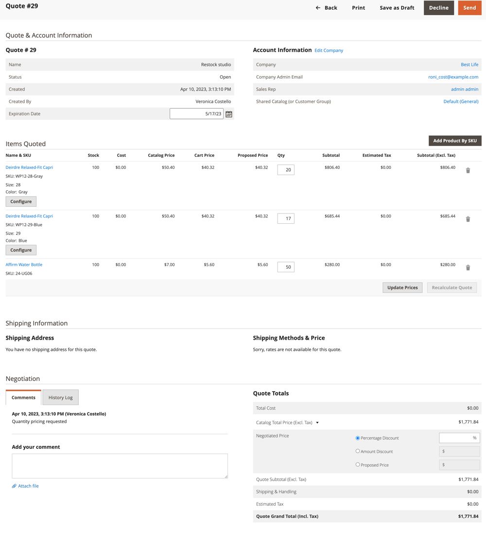 A negotiated quote in Magento Commerce.