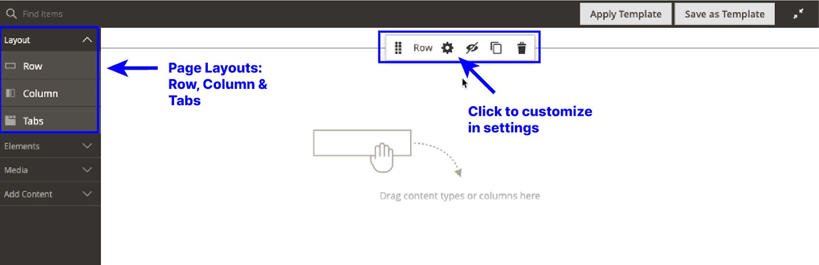 Drag-and-drop content types from the Page Builder Layout.