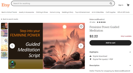 A screenshot of a guided meditation that users can buy on Etsy. 